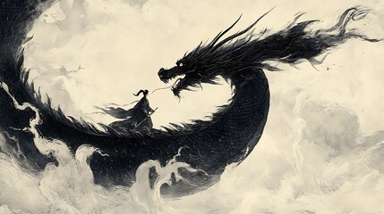 A black dragon is depicted in a painting with a man on its back