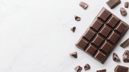 Delicious dark chocolate bar with chunks on white marble background