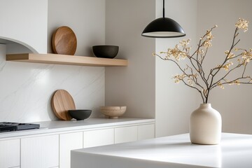 scandinavian kitchen designs, a sleek scandinavian-inspired kitchen featuring white cabinets and natural wood accents, elegantly styled with minimalist decor
