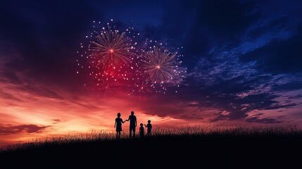 Family silhouette watching fireworks at sunset.