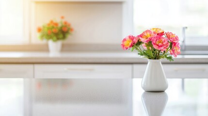 A bright kitchen scene featuring a white vase with colorful flowers on a countertop, creating a cheerful and inviting atmosphere.
