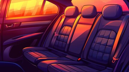Obraz premium A cozy car interior illuminated by a vibrant sunset, showcasing plush leather seats and an inviting atmosphere.