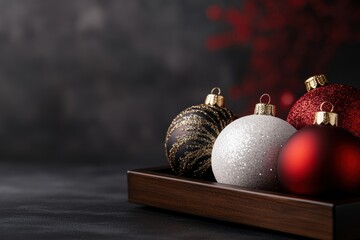 handcrafted holiday ornaments, handmade ornaments displayed in a wooden tray on a festive backdrop, with room for text - Powered by Adobe