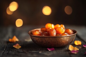 Ornate copper bowl filled with golden orange dates soft moody lighting rustic wooden table