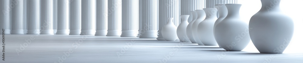 Poster A serene arrangement of white vases aligned against a backdrop of columns in soft light.