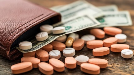 Medical dept concept. Wallet with cash and spilled pills