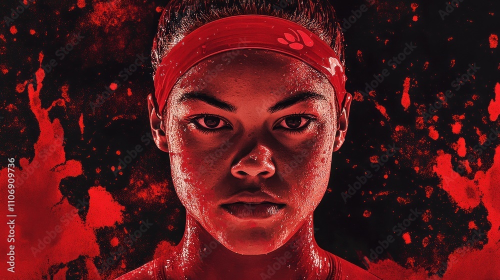 Poster Intense portrait of an athlete with a fierce expression and a red-themed background.