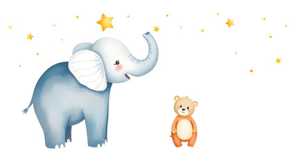 Naklejka premium Elephant Bear Clouds and Stars watercolor animals illustration on white background, for cover book, print, baby shower, nursery decorations, birthday invitations, poster, greeting card. Generative AI