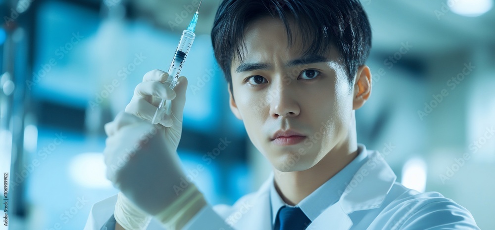 Aufkleber a scientist holding a syringe, focused on a medical task in a lab setting.