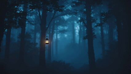 Glowing Lantern in Foggy Forest