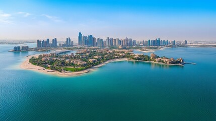 Fototapeta premium Aerial View of an Island Cityscape with a Sandy Beach and Blue Water