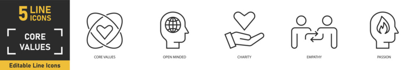 Fototapeta premium Core Values line icon set. Set of 5 outline icons related to core values, open minded, charity, empathy, passion and more. Vector illustration.