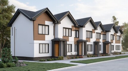 Modern Row of Townhouses with White and Wood Facade