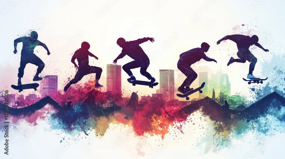 Aufkleber a dynamic silhouette of a skateboarder performing tricks against a colorful urban backdrop.