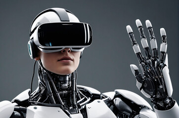 Robot wearing virtual reality glasses. Generative AI.