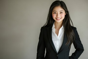 Obraz premium Professional Asian woman business attire black blazer white button-up shirt long dark hair