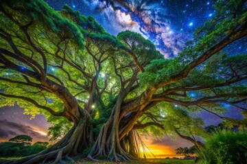 Fototapeta premium Enchanting Night Photography of a Tree Wrapped in Vines, Illuminated by Moonlight in a Mystical Forest Setting, Capturing Nature's Beauty and Intricacy in the Dark