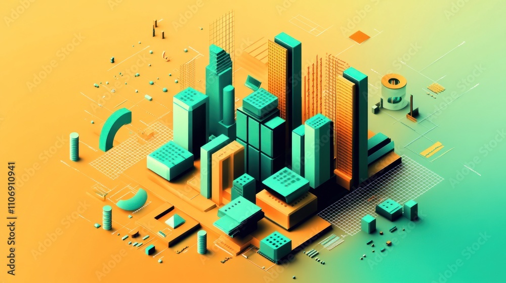 Aufkleber a vibrant 3d cityscape with geometric buildings and abstract elements.