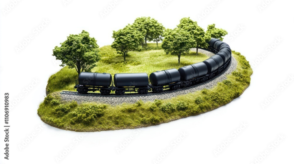Poster a model train curving through a scenic landscape with trees and grass.