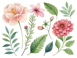 Watercolor Flower and leaf collection