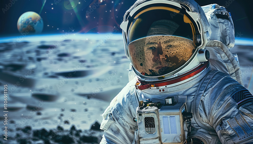 Poster a astronaut is exploring mars, wearing a spacesuit with a helmet, focused expression. the martian su