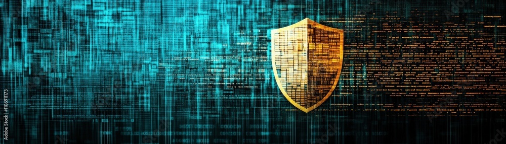 Poster Digital Shield Icon Representing Cybersecurity with Abstract Data Patterns in a Blue and Gold Color Palette for Technology and Protection Themes