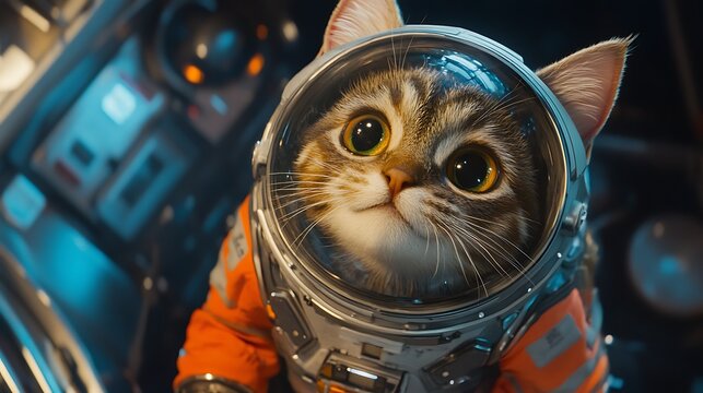 A cat wearing a space suit is looking at the camera
