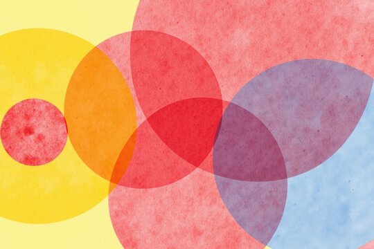 Colorful overlapping geometric shapes with translucent circles and textured background.