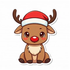 Fototapeta premium Christmas reindeer chibi with bright red nose, wearing Santa hat, Sticker border on plain white background.