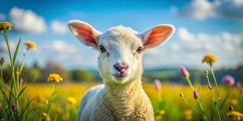Fototapeta premium Enchanting Portrait of a Young Lamb in a Vibrant Rural Countryside, Surrounded by Lush Green Fields and Colorful Wildflowers, Capturing the Essence of Nature's Beauty and Serenity