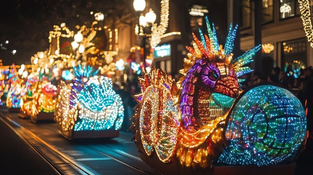 Vibrant parade floats illuminated with colorful lights at night.