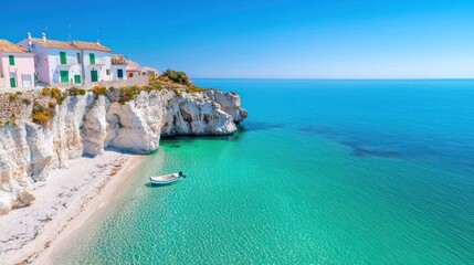 A stunning coastal view featuring crystal-clear turquoise waters, white sandy beaches, and charming pastel-colored buildings along the cliffs.