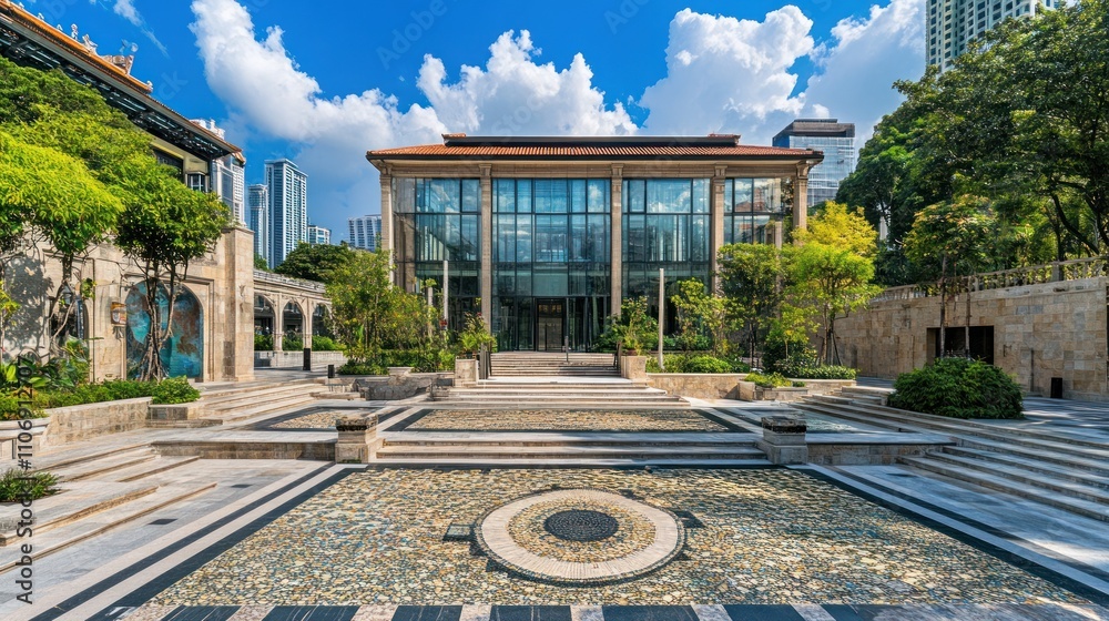 Poster Modern architectural structure surrounded by greenery and water features under a blue sky.