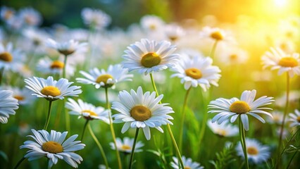 Fototapeta premium Enchanting Summer Field of White Daisies Surrounded by Lush Green Grass - A Captivating Gardening Concept with Selective Focus on Floral Beauty