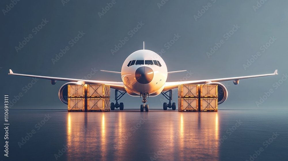 Poster a cargo airplane positioned on a runway with freight containers beside it.