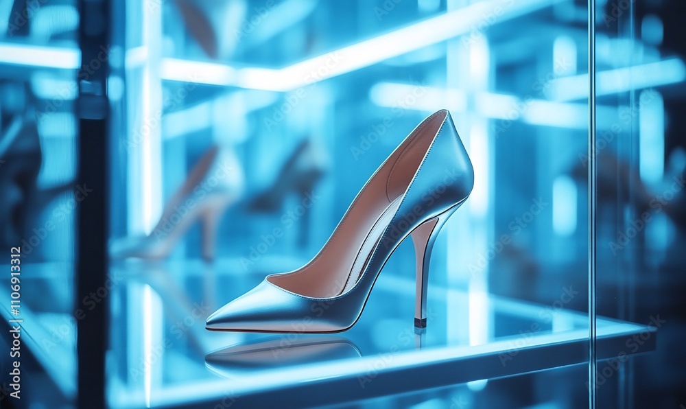 Poster a sleek high-heeled shoe displayed in a modern, illuminated showcase.