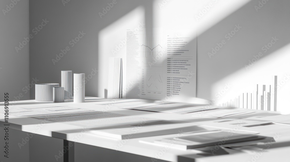 Poster A minimalistic workspace with documents and 3D forms casting shadows.