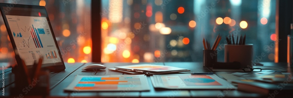 Poster A workspace with charts and graphs, showcasing data analysis in a modern setting.