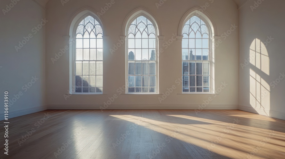 Poster a bright, spacious room with large arched windows casting elongated shadows on the floor.