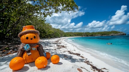 Naklejka premium A whimsical orange figure sits on a beach, surrounded by nature and clear blue waters.