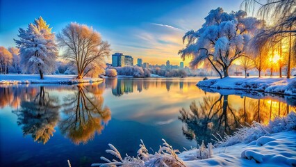 Enchanting Winter Lake Reflections Amidst Urban Exploration: A Serene Landscape of Frosted Trees and Tranquil Waters Captured in the Heart of the City