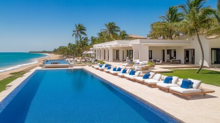 Fototapeta premium Luxurious Beachfront Villa with Private Pool and Palm Trees