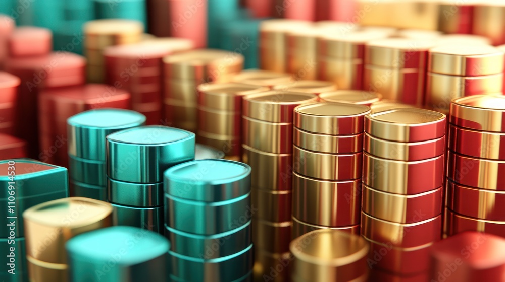 Poster a colorful arrangement of cylindrical stacks resembling coins or tokens.