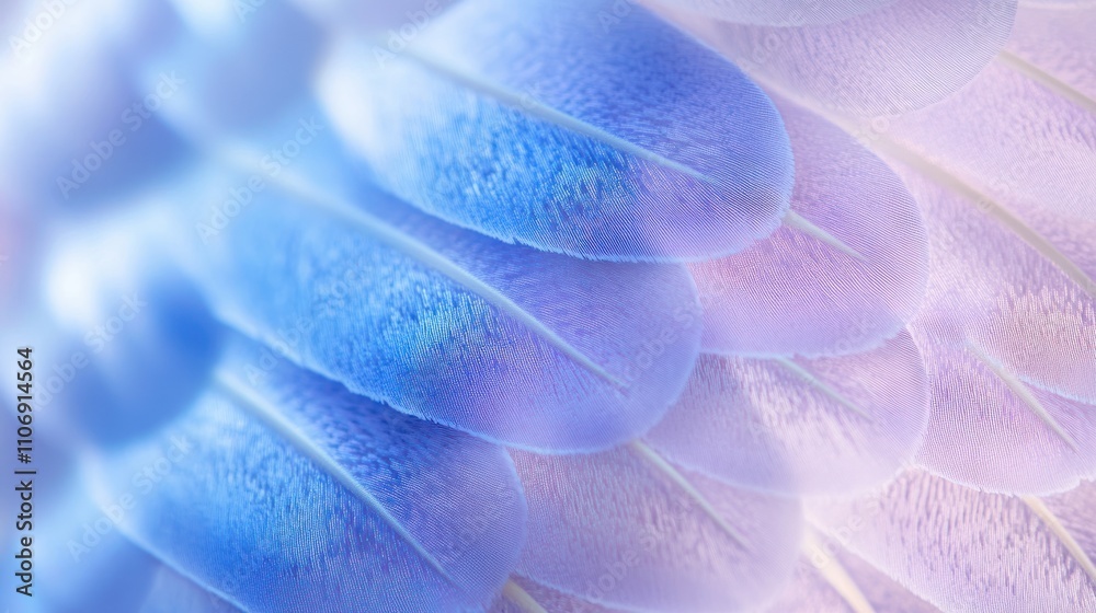 Poster a close-up of iridescent, overlapping feathers showcasing soft hues of blue and purple.