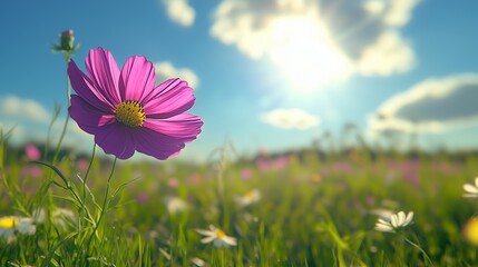 A vibrant cosmos flower sways in a sunlit field, contrasting with lush greens and a clear blue sky. - Powered by Adobe