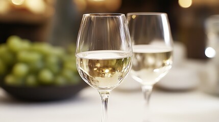 Obraz premium Two Glasses of White Wine on a Table with Grapes in the Background