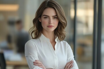 Professional woman confident pose arms crossed white button-up shirt shoulder-length brown hair