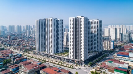 Naklejka premium Two Modern Skyscrapers Amidst a Dense Urban Landscape
