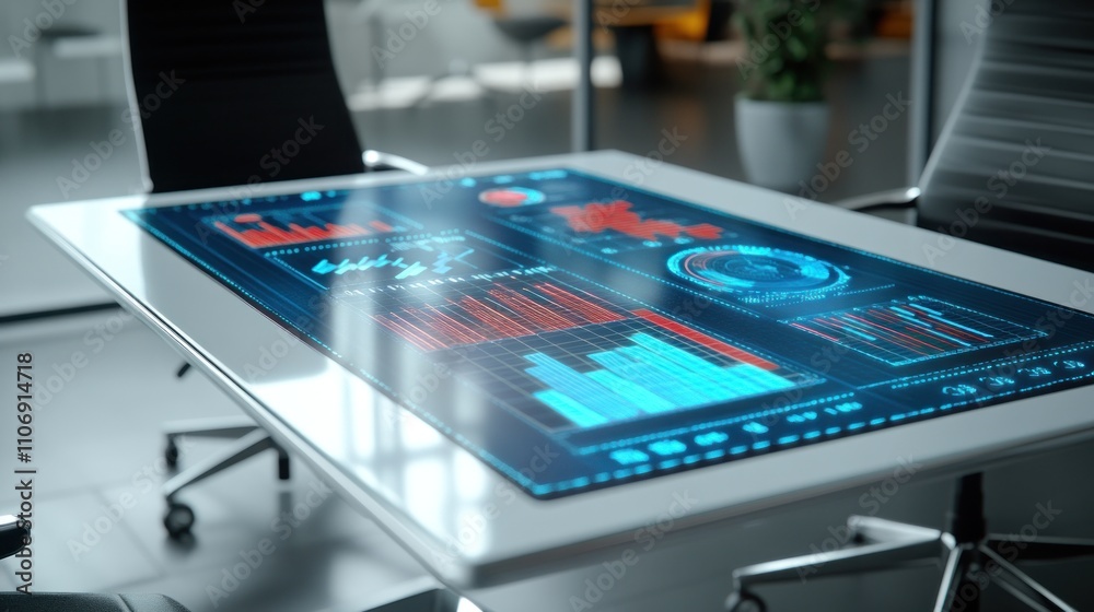 Poster A futuristic conference table displaying data analytics and visualizations.