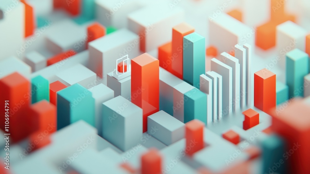 Poster abstract representation of urban structures with varying heights and colors.
